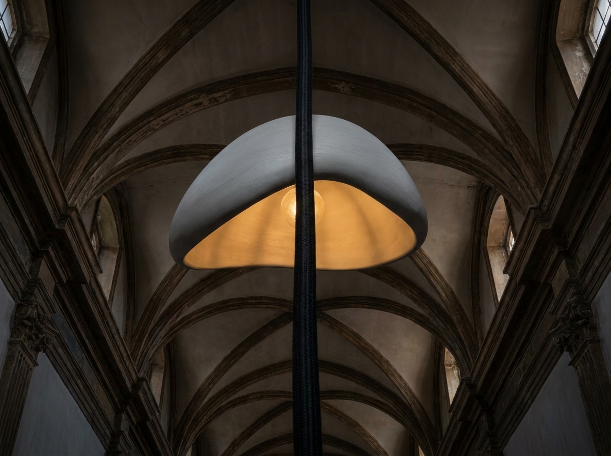 Installation perspective looking up at the grey pendant light mounted to a soaring vaulted ceiling