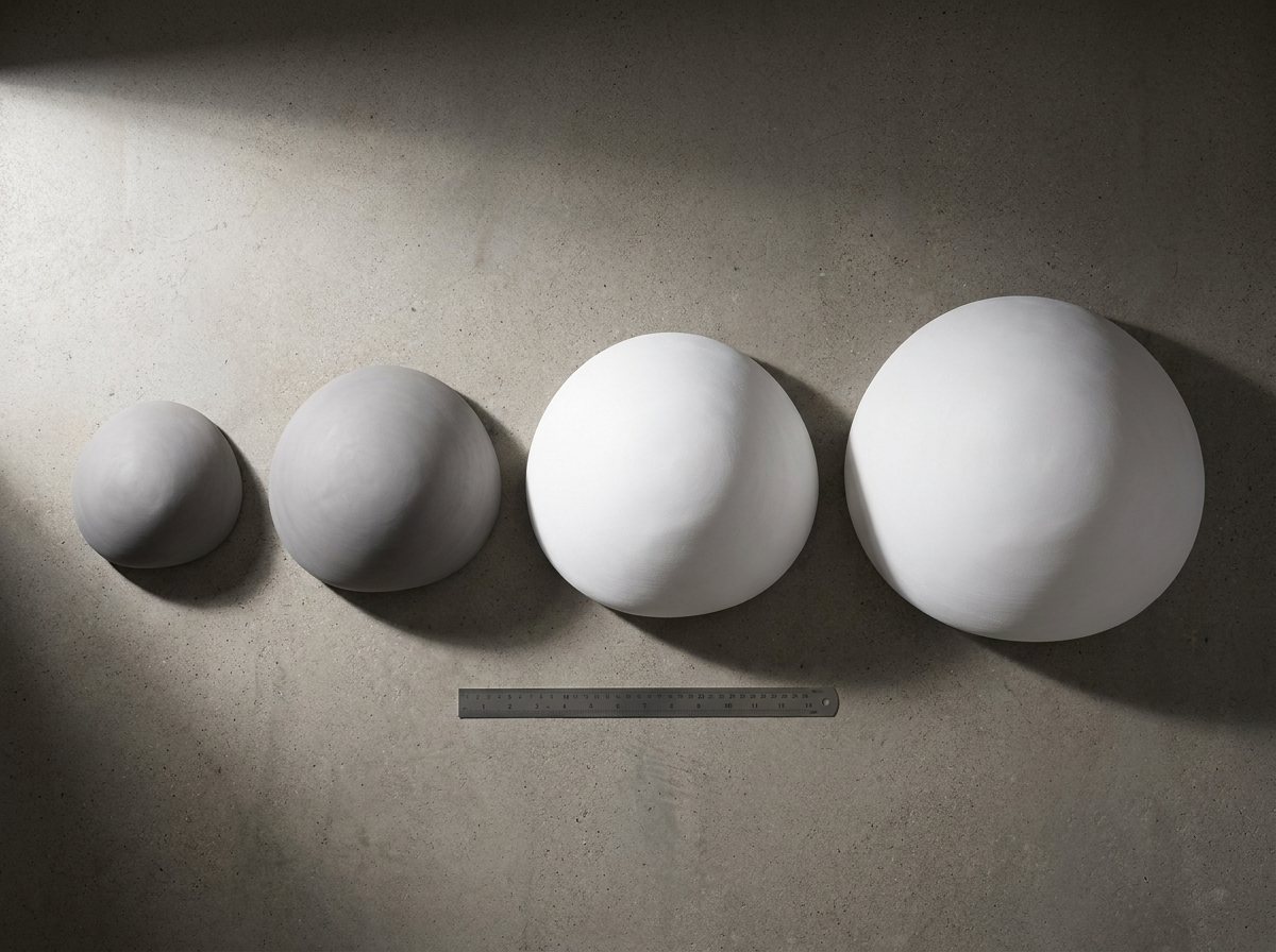 Four sizes of the sculptural resin pendant lamp shade shown side by side for scale, grey and white finishes
