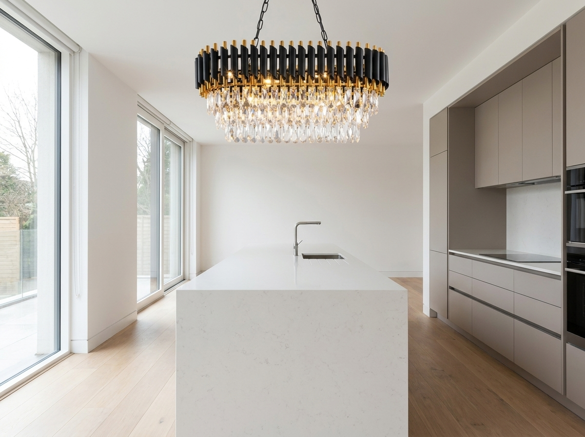 Crystal chandelier over an open-plan kitchen island in a bright modern kitchen