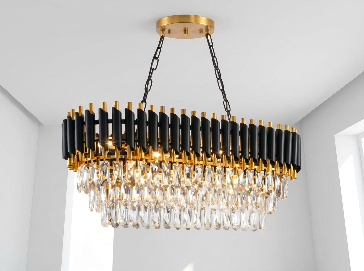 Installation perspective looking up at the crystal chandelier ceiling mount