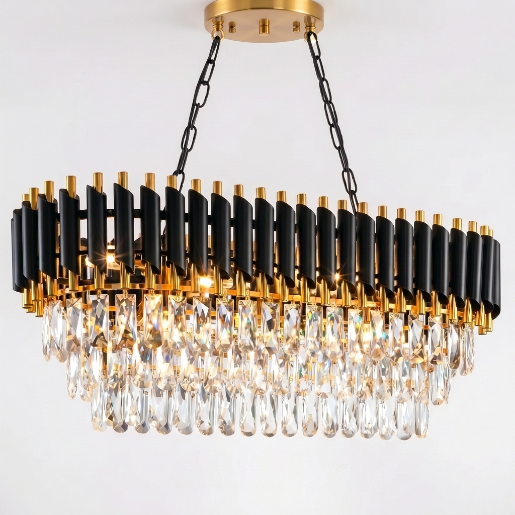 Black and gold crystal chandelier product photo on a clean neutral background