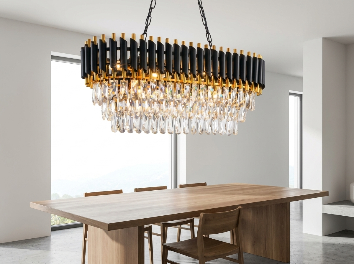 Alternate angle of the crystal chandelier over a dining table