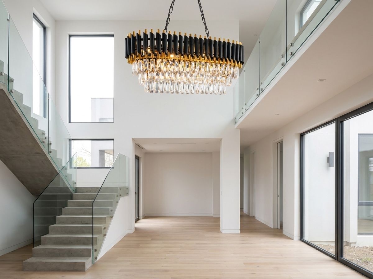 Crystal chandelier in a bright modern minimalist two-story entryway foyer