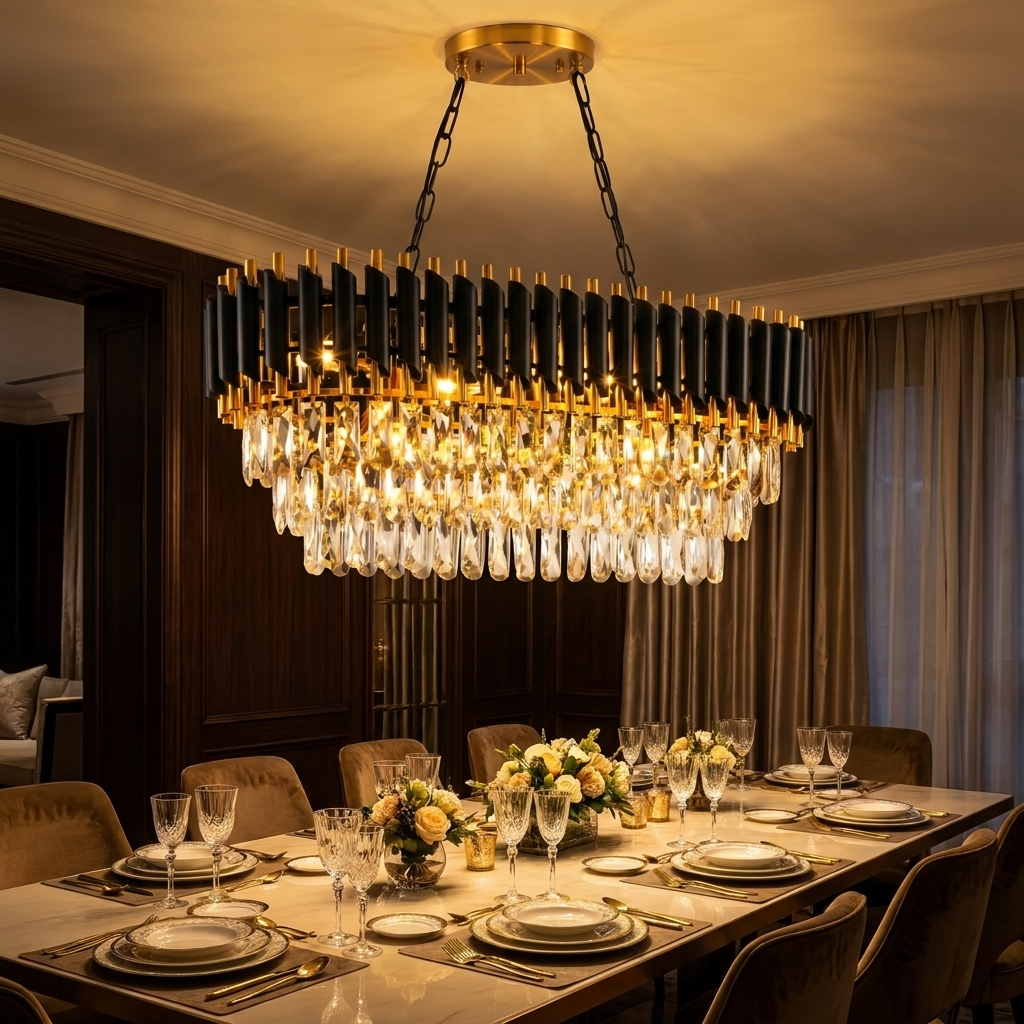 Black and gold crystal chandelier glowing warmly over an elegant dinner party table at night