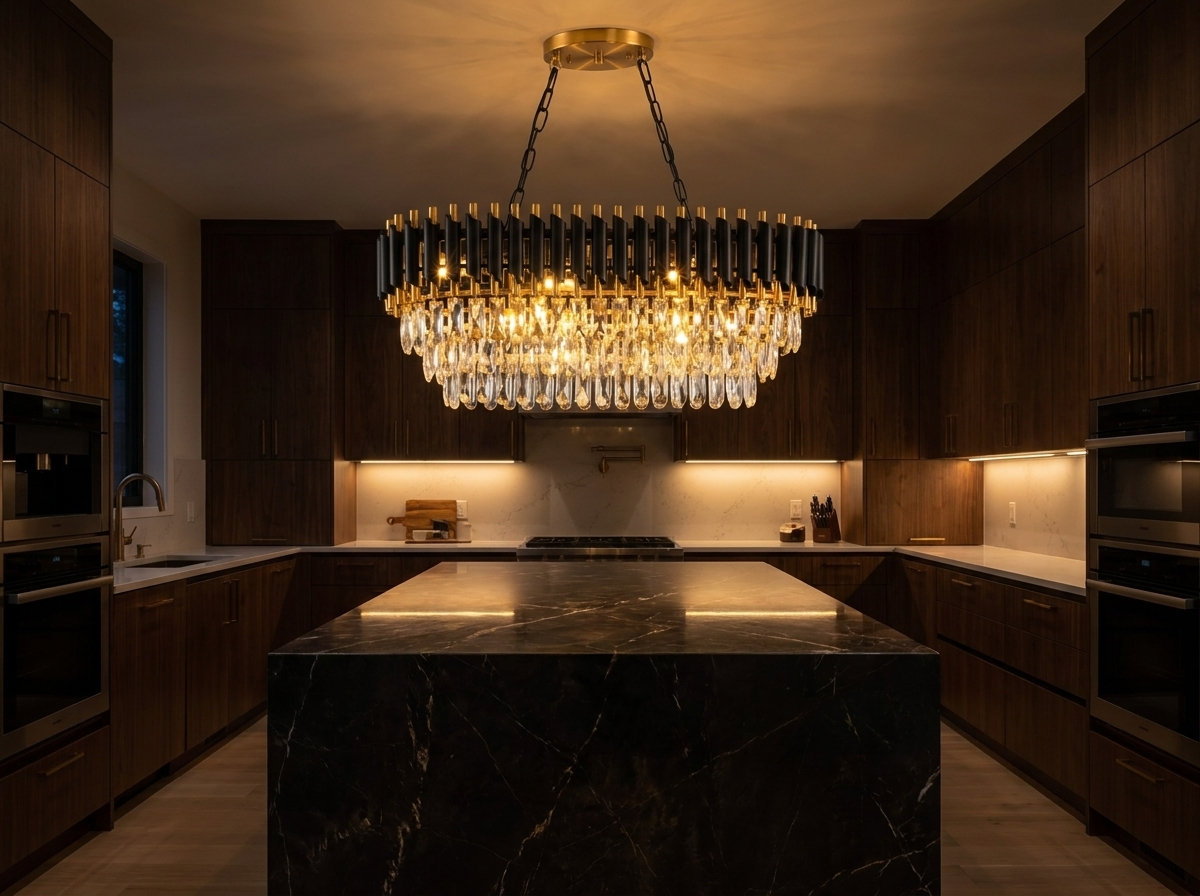 Crystal chandelier glowing warmly above an open-plan kitchen island at night