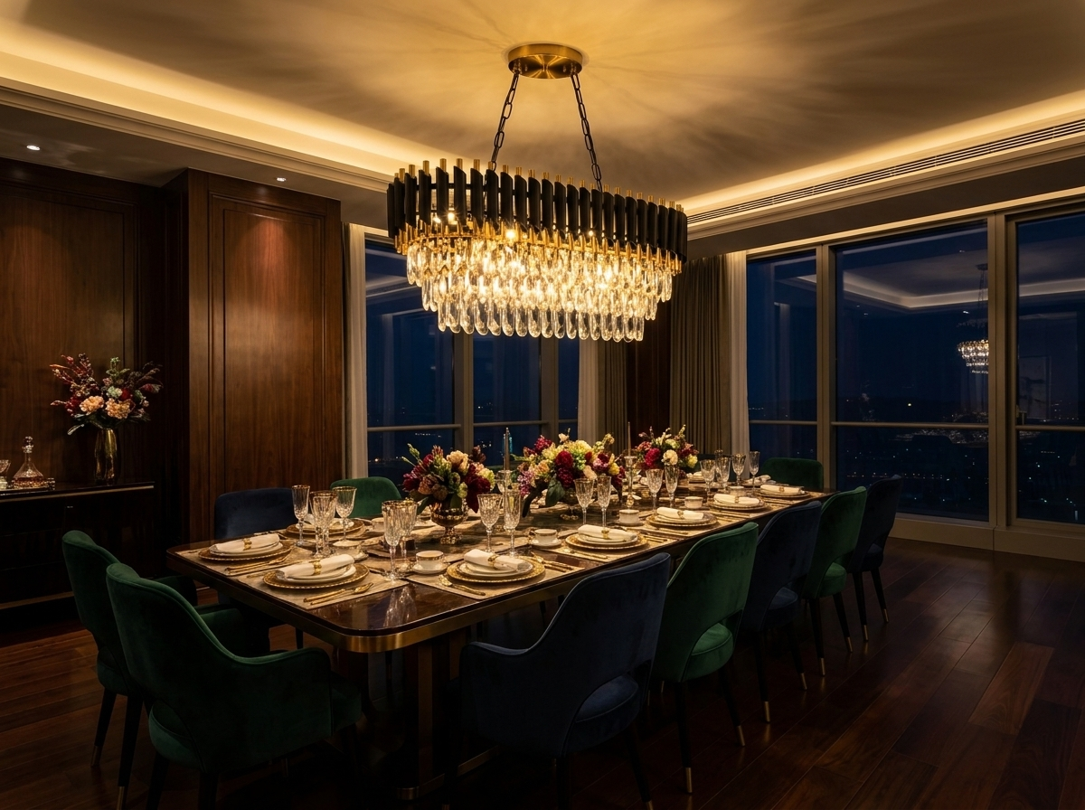 Crystal chandelier glowing warmly above a sophisticated luxury dining room at night