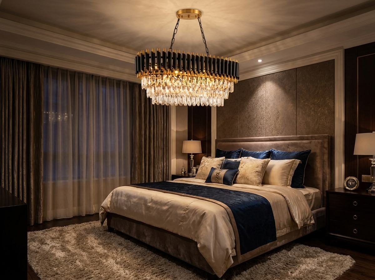 Crystal chandelier glowing softly at night in an elegant upscale bedroom