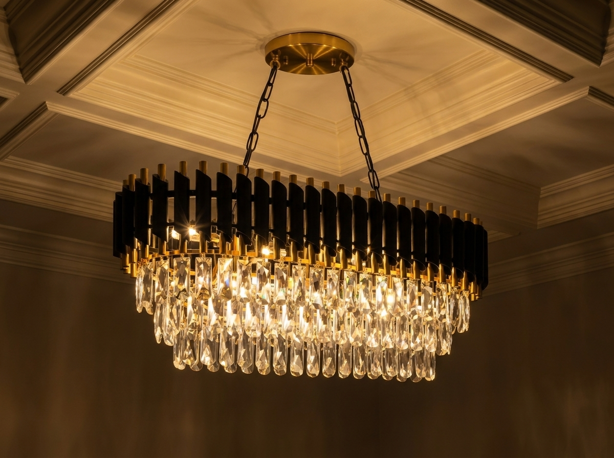 Installation perspective looking up at the crystal chandelier ceiling mount at night