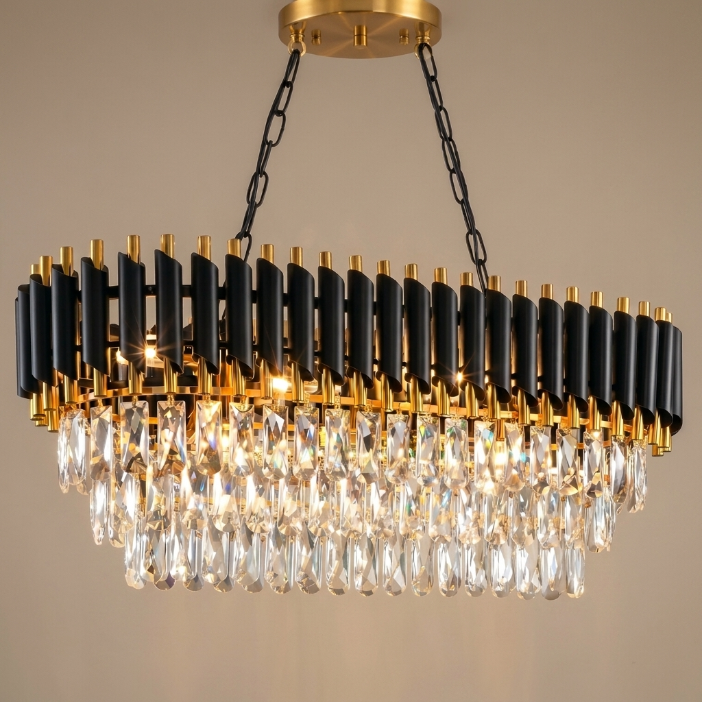 Black and gold crystal chandelier product photo on a clean warm neutral background