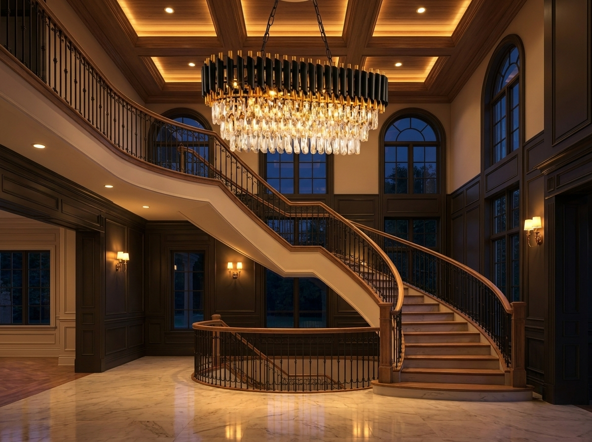 Crystal chandelier glowing warmly at night in an elegant upscale two-story entryway foyer