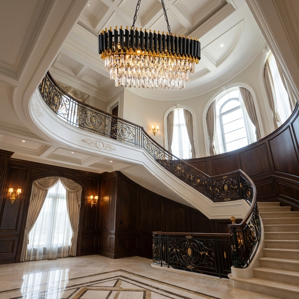 Black and gold crystal chandelier in a magazine-quality two-story entryway foyer with high ceilings