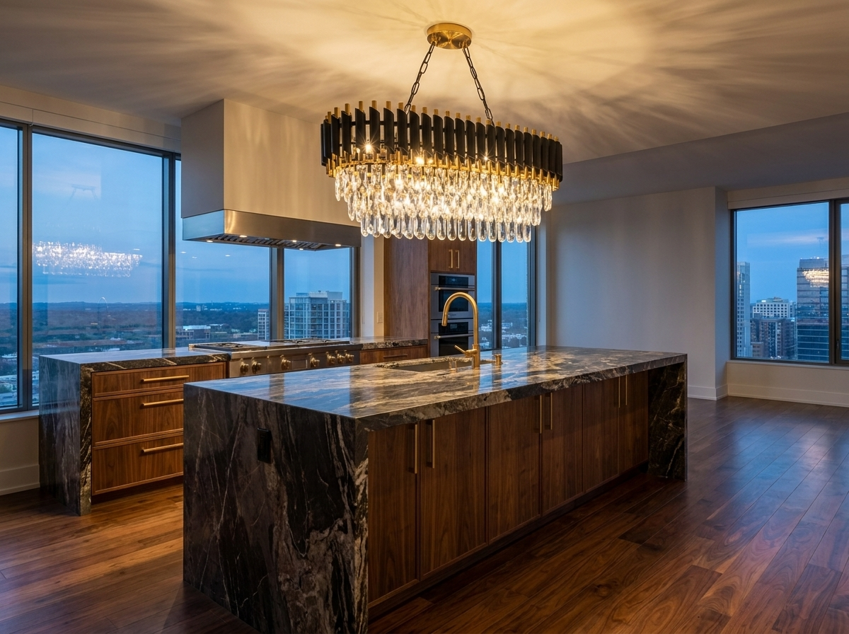 Crystal chandelier over a magazine-quality luxury kitchen island with designer finishes