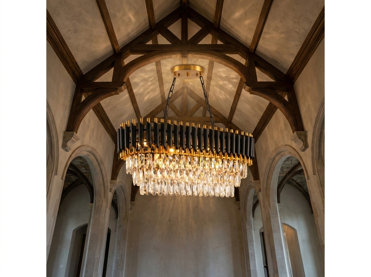 Installation perspective looking up at the crystal chandelier mounted to a soaring vaulted ceiling