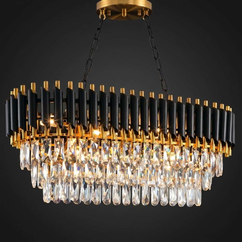 Black and gold crystal chandelier product photo on a dramatic dark neutral background
