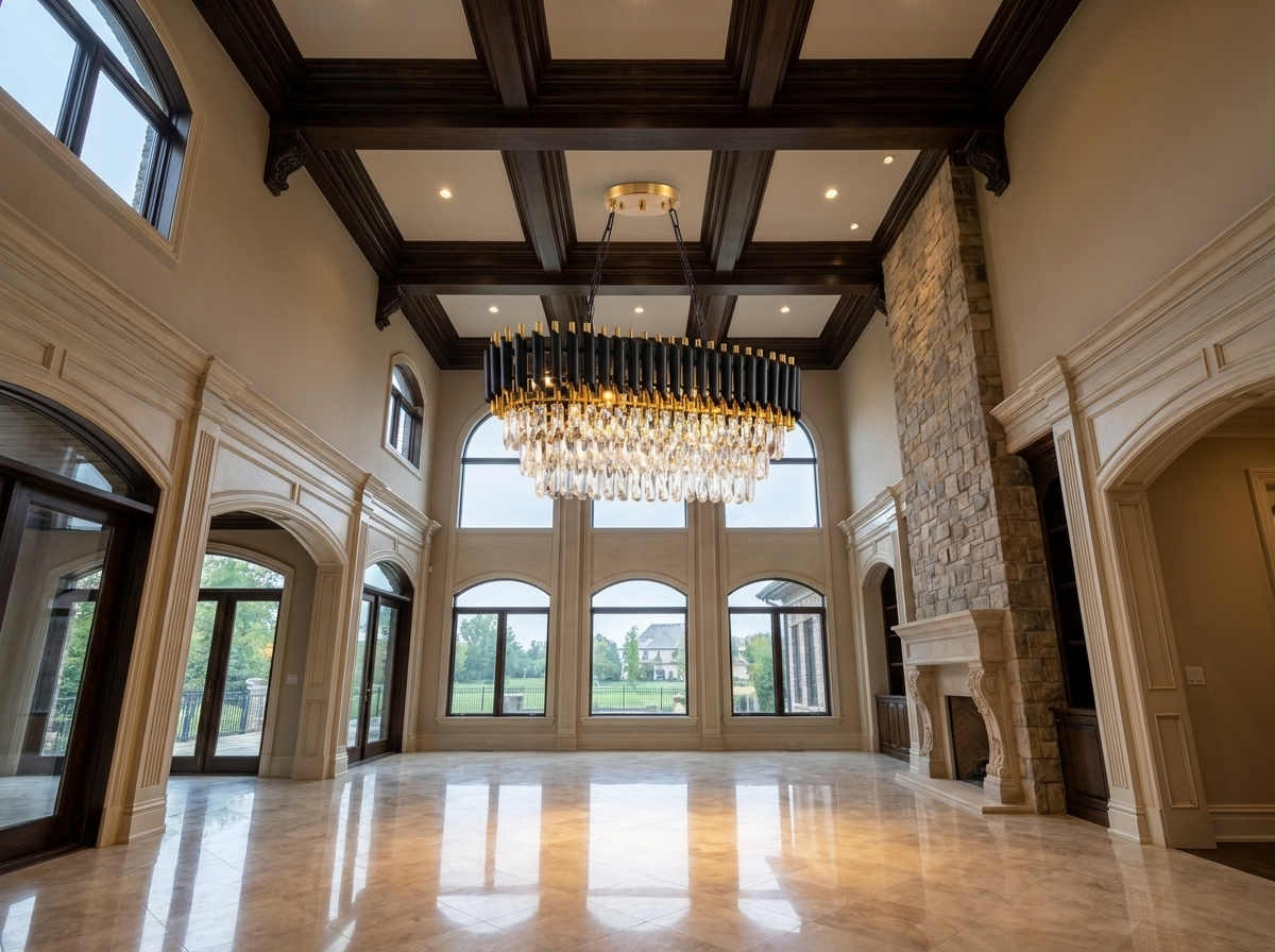 Wide architectural view of the crystal chandelier in a soaring high ceiling great room