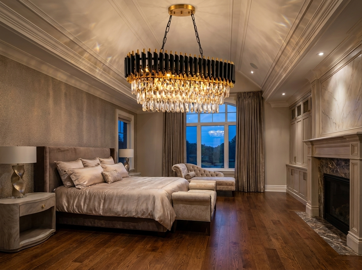 Crystal chandelier in a magazine-quality luxury primary bedroom with designer furniture
