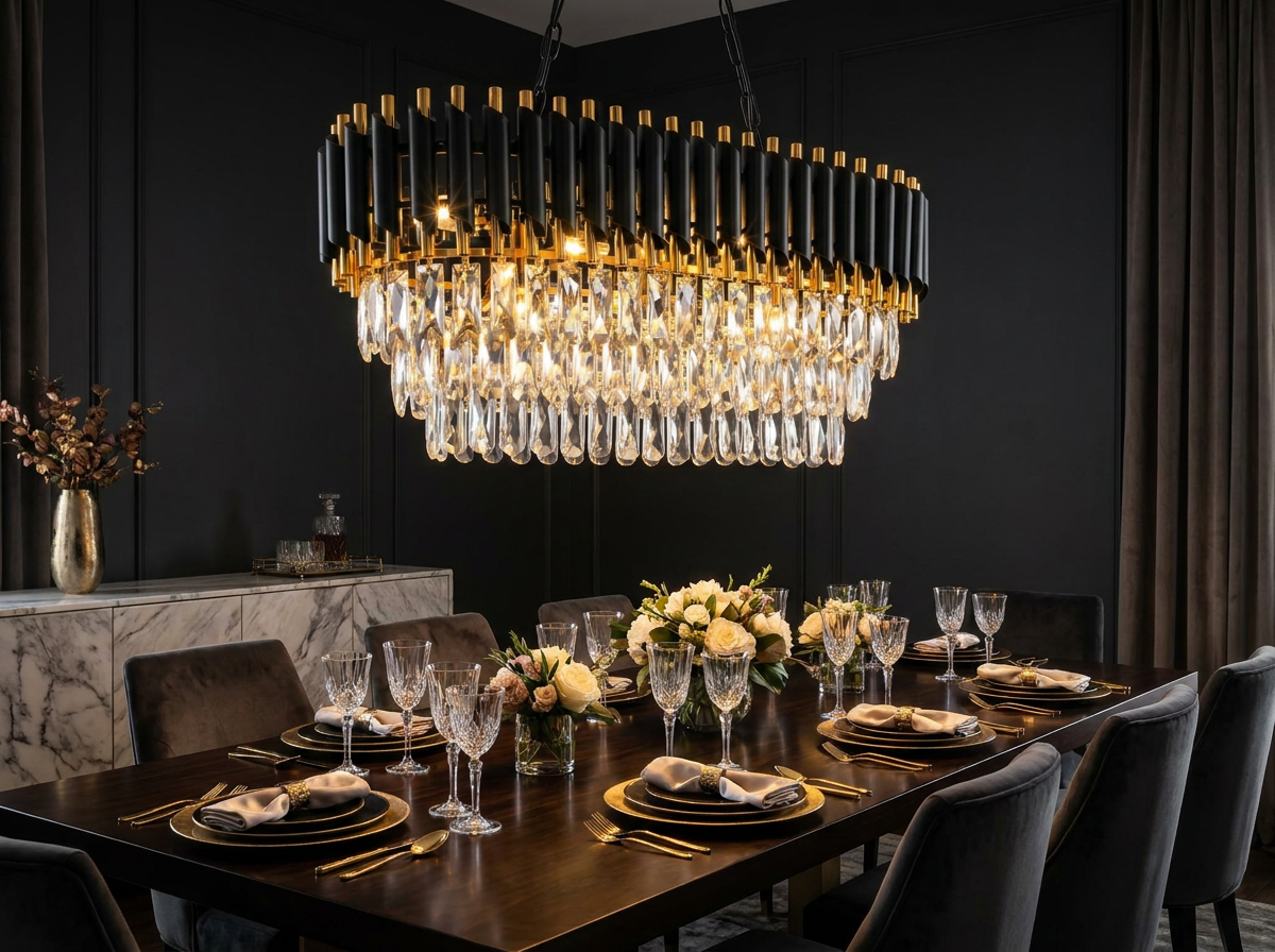 Crystal chandelier above a magazine-quality formal dining table setting