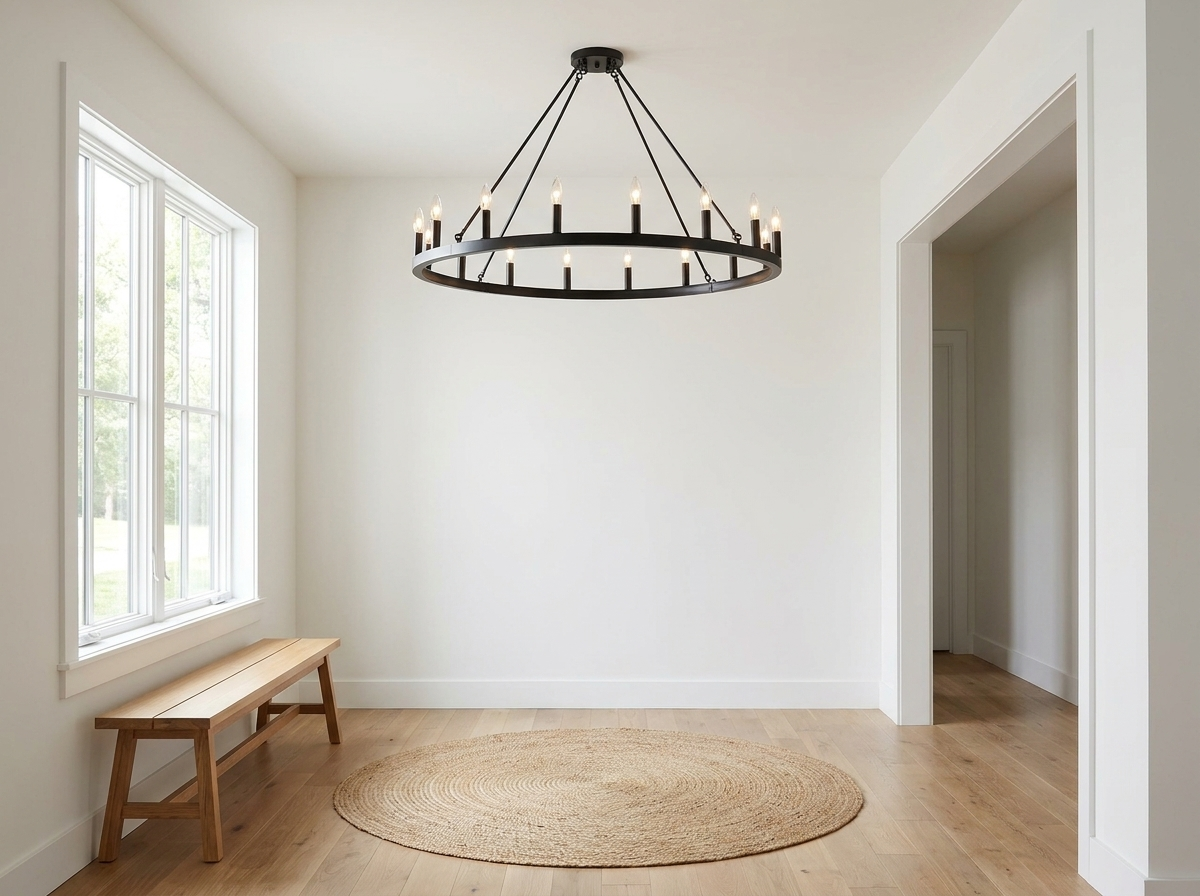 Wagon wheel chandelier in a bright modern farmhouse entryway foyer