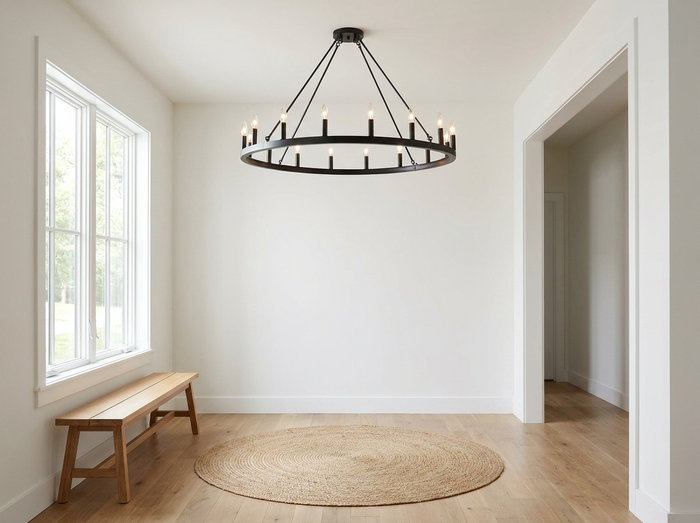 Modern Farmhouse Wagon Wheel Chandelier for Living Room & Entryway | 16-Light Matte Black Flush Mount, 43 Inch