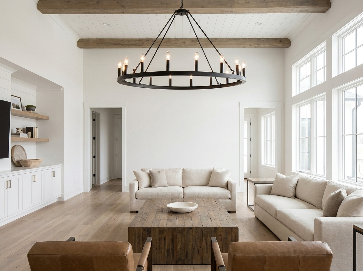 Wide view of the wagon wheel chandelier in a bright modern farmhouse great room