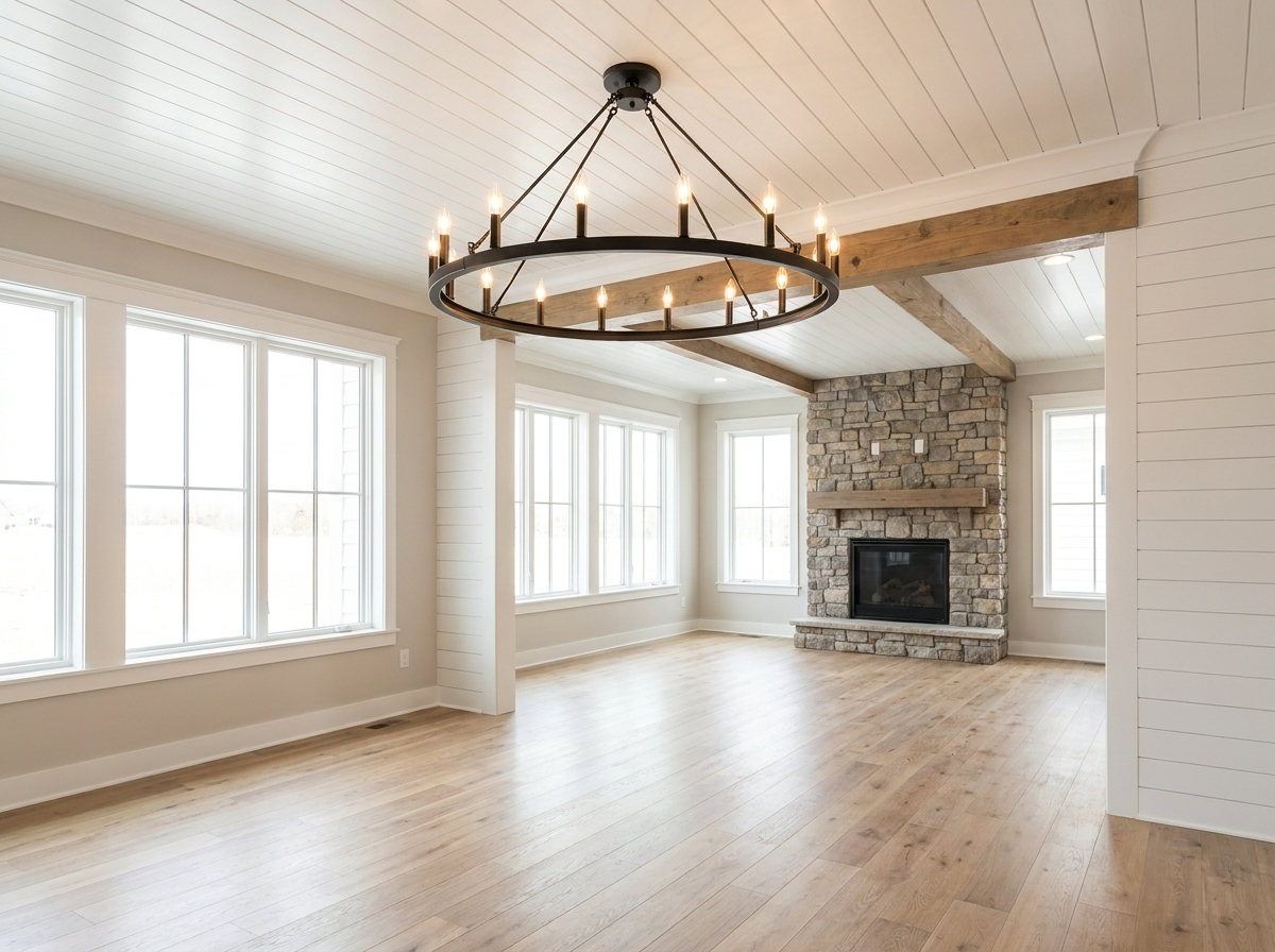 Alternate angle of the wagon wheel chandelier in a bright modern farmhouse living room