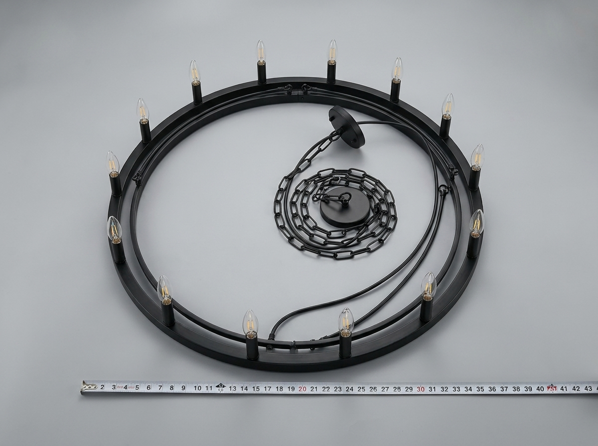 Wagon wheel chandelier shown with a scale reference for its 43 inch diameter