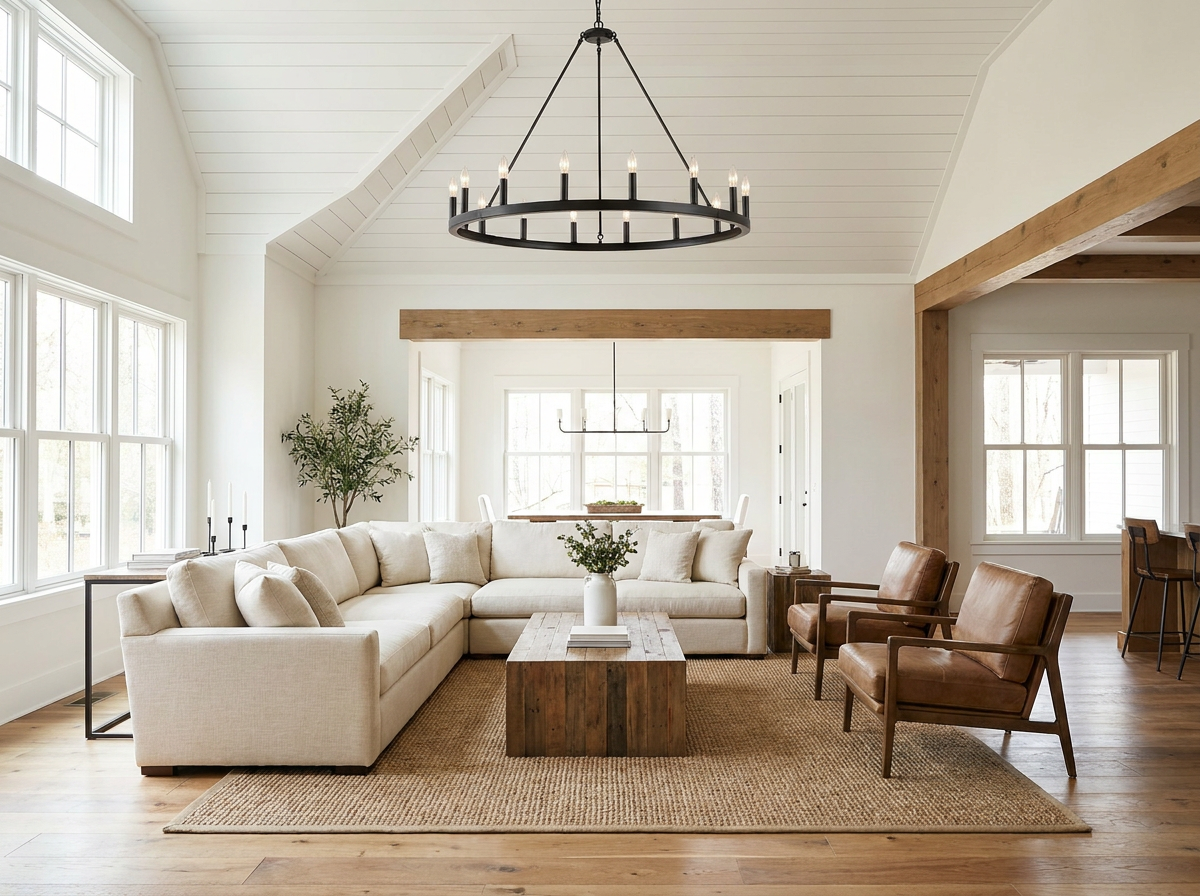 Wide angle view of the wagon wheel chandelier in a bright modern farmhouse great room with vaulted ceiling