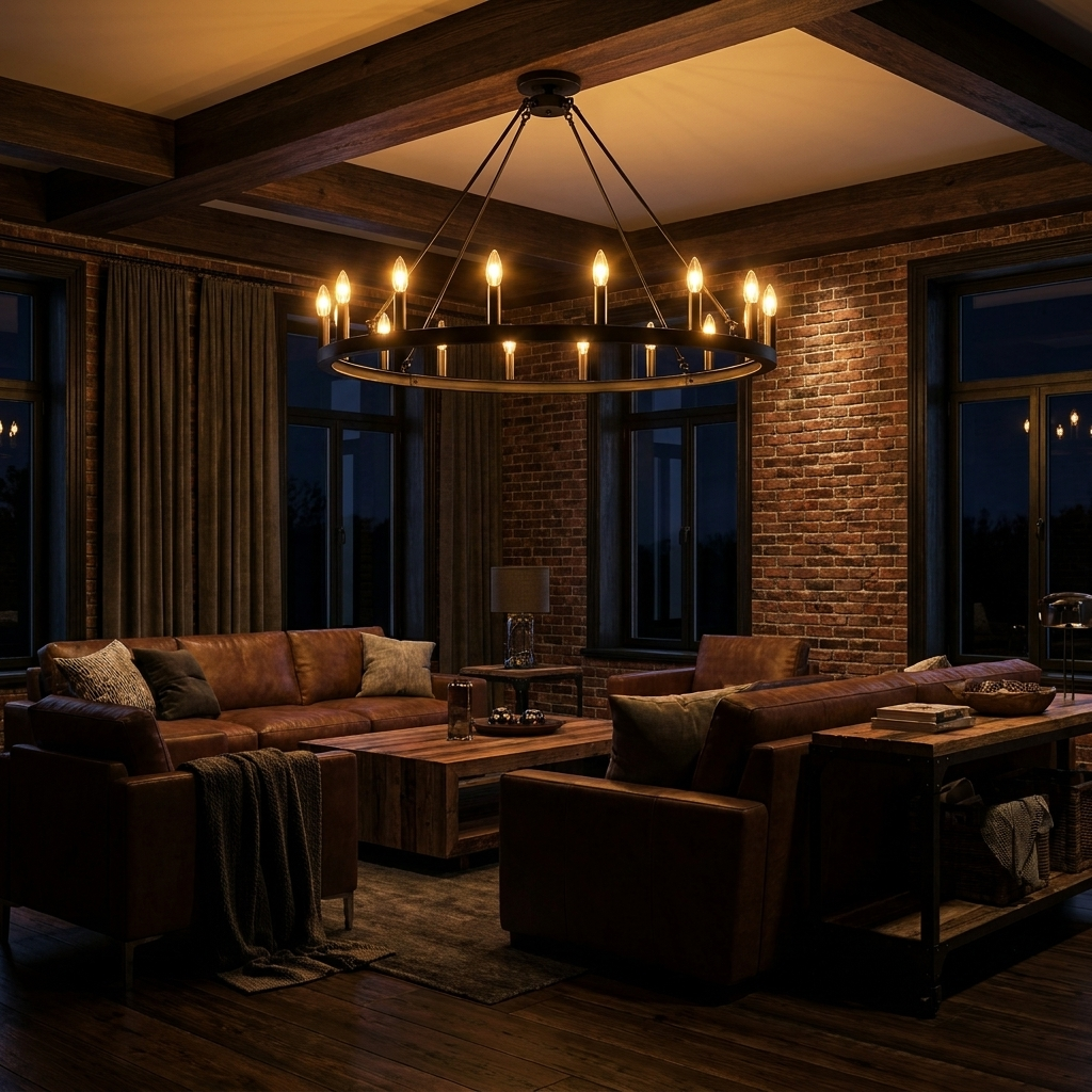 Matte black wagon wheel chandelier glowing warmly in an upscale industrial-farmhouse living room at night