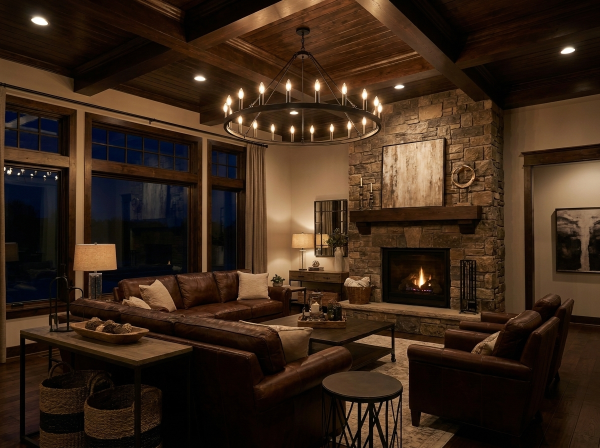 Wide view of the wagon wheel chandelier glowing warmly above an upscale great room at night