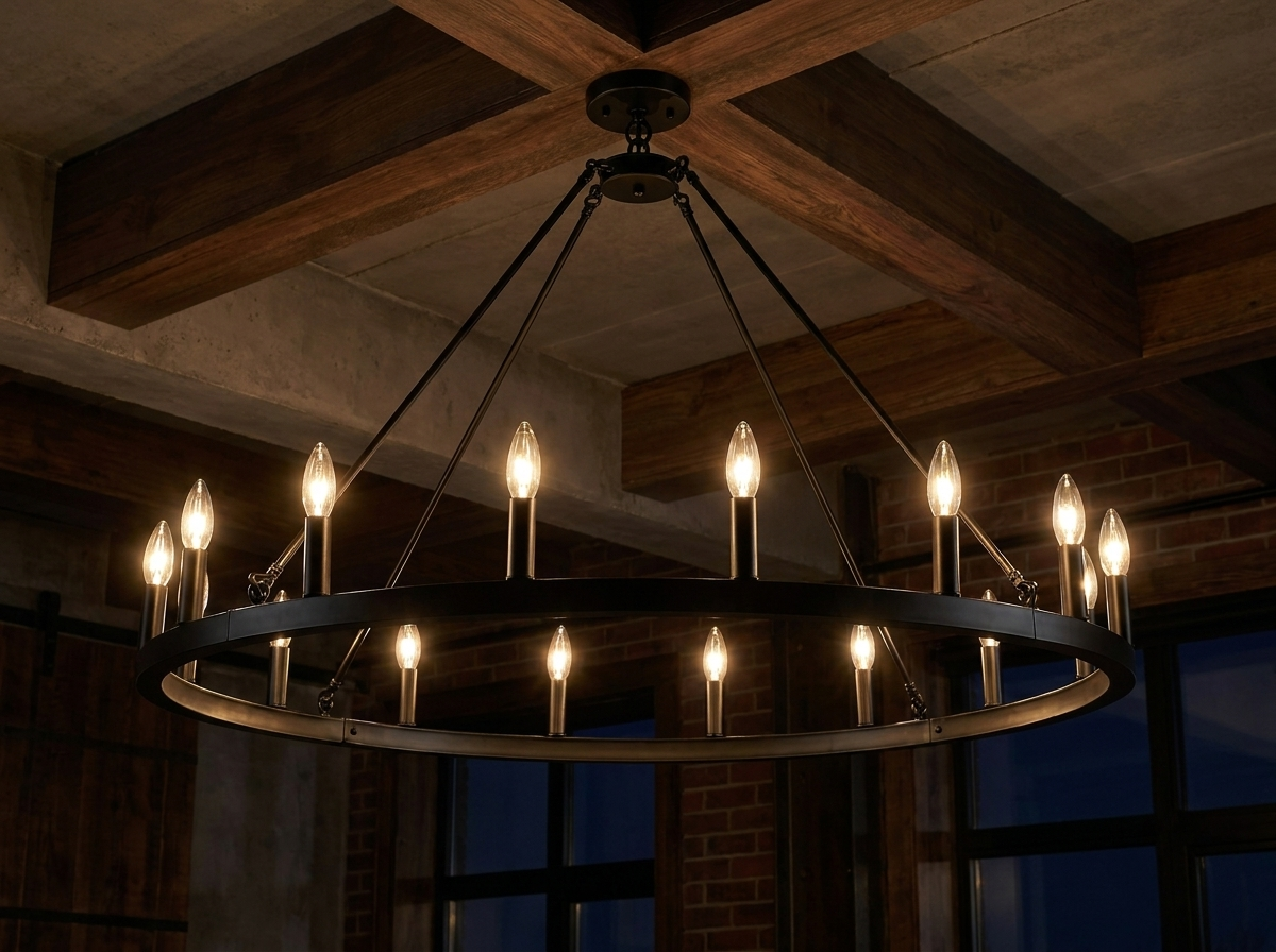 Installation perspective looking up at the wagon wheel chandelier glowing at night