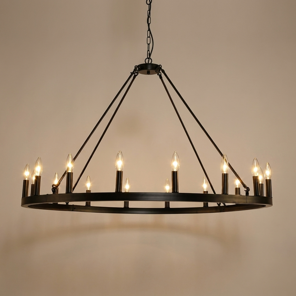Matte black wagon wheel chandelier product photo on a clean warm neutral background