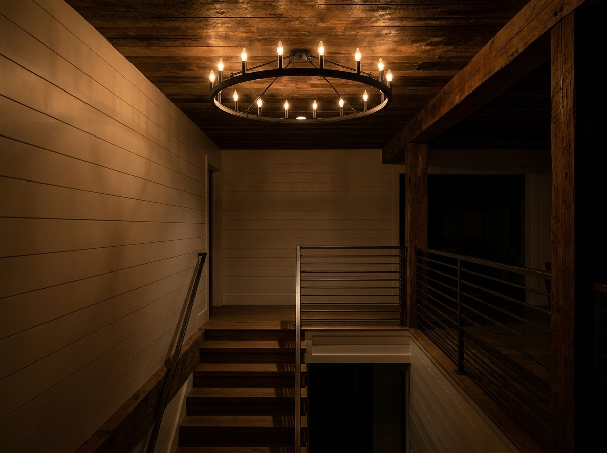 Wagon wheel chandelier glowing warmly above a stairway landing at night