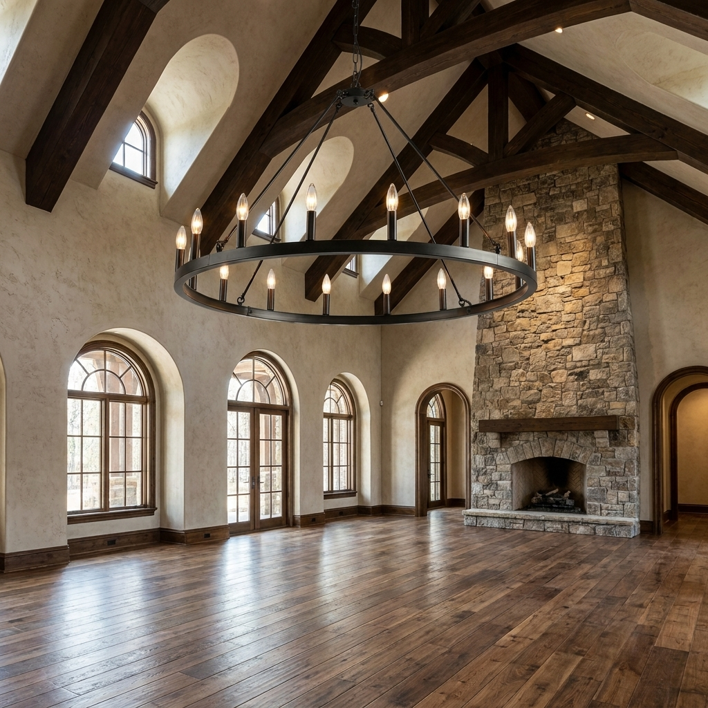 Matte black wagon wheel chandelier in a magazine-quality great room with soaring vaulted ceilings