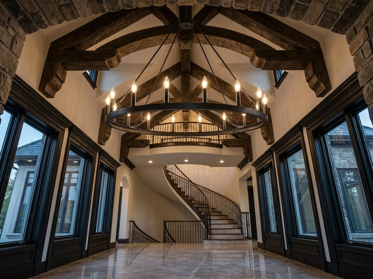 Wagon wheel chandelier in a soaring vaulted ceiling two-story entryway