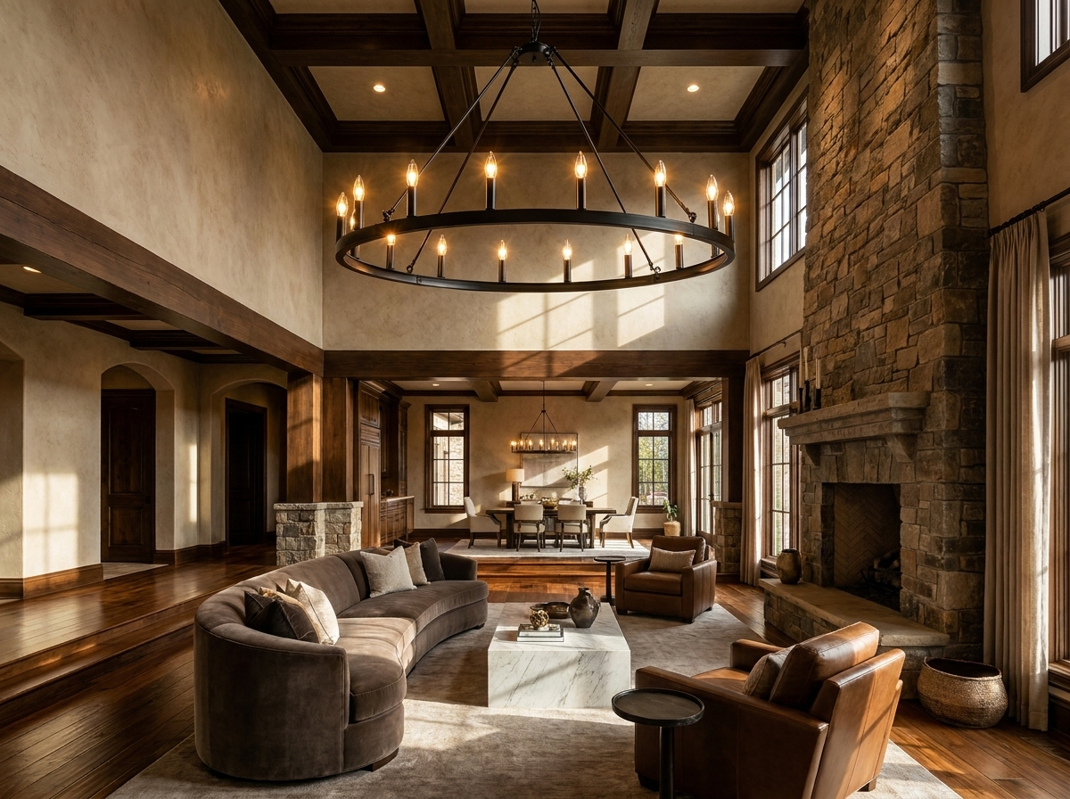 Wagon wheel chandelier in a magazine-quality luxury living room with soaring ceilings