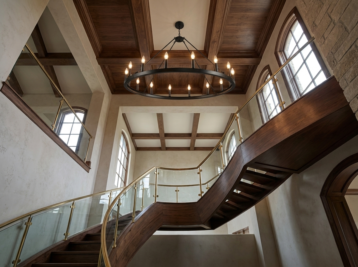 Wagon wheel chandelier above a soaring staircase in a magazine-quality luxury home