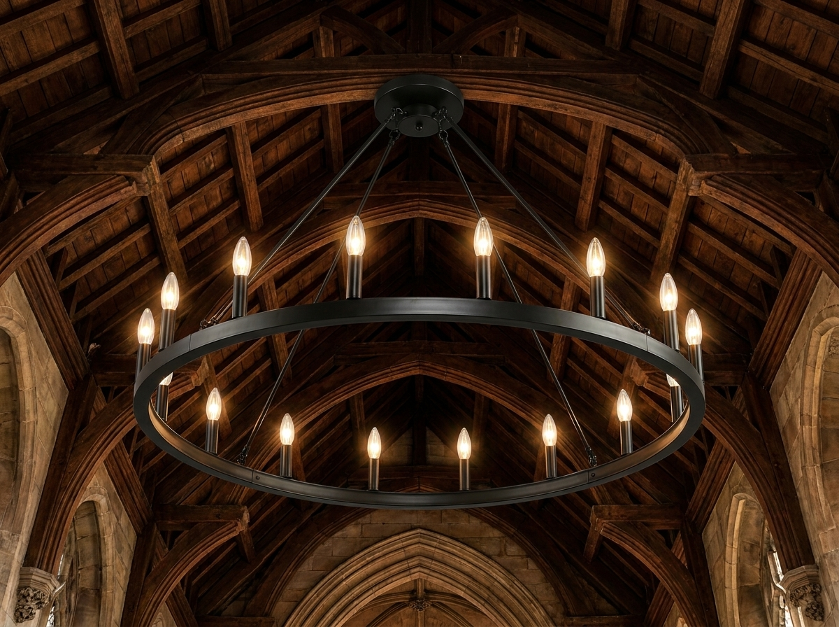 Installation perspective looking up at the wagon wheel chandelier mounted to a soaring vaulted ceiling