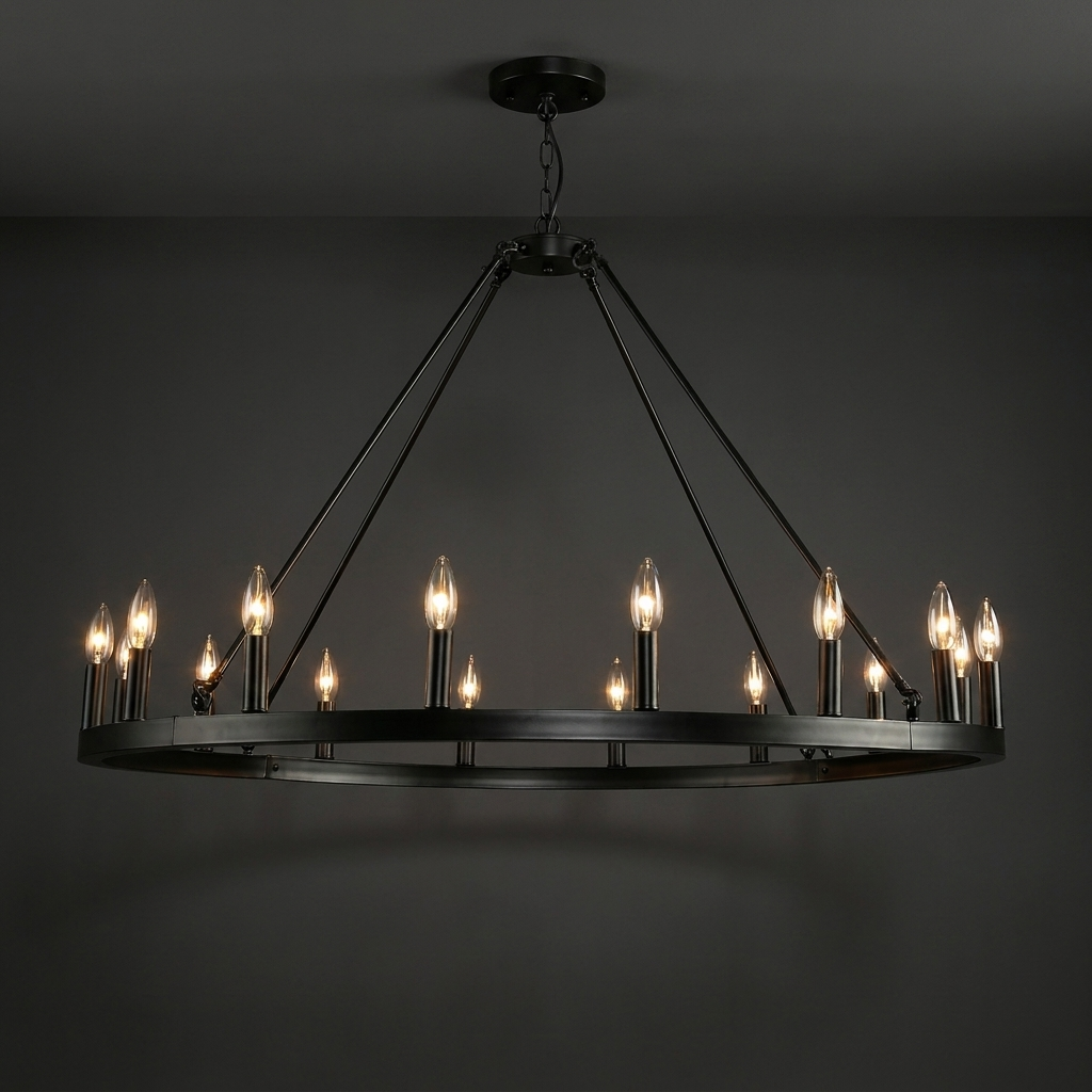 Matte black wagon wheel chandelier product photo on a dramatic dark neutral background