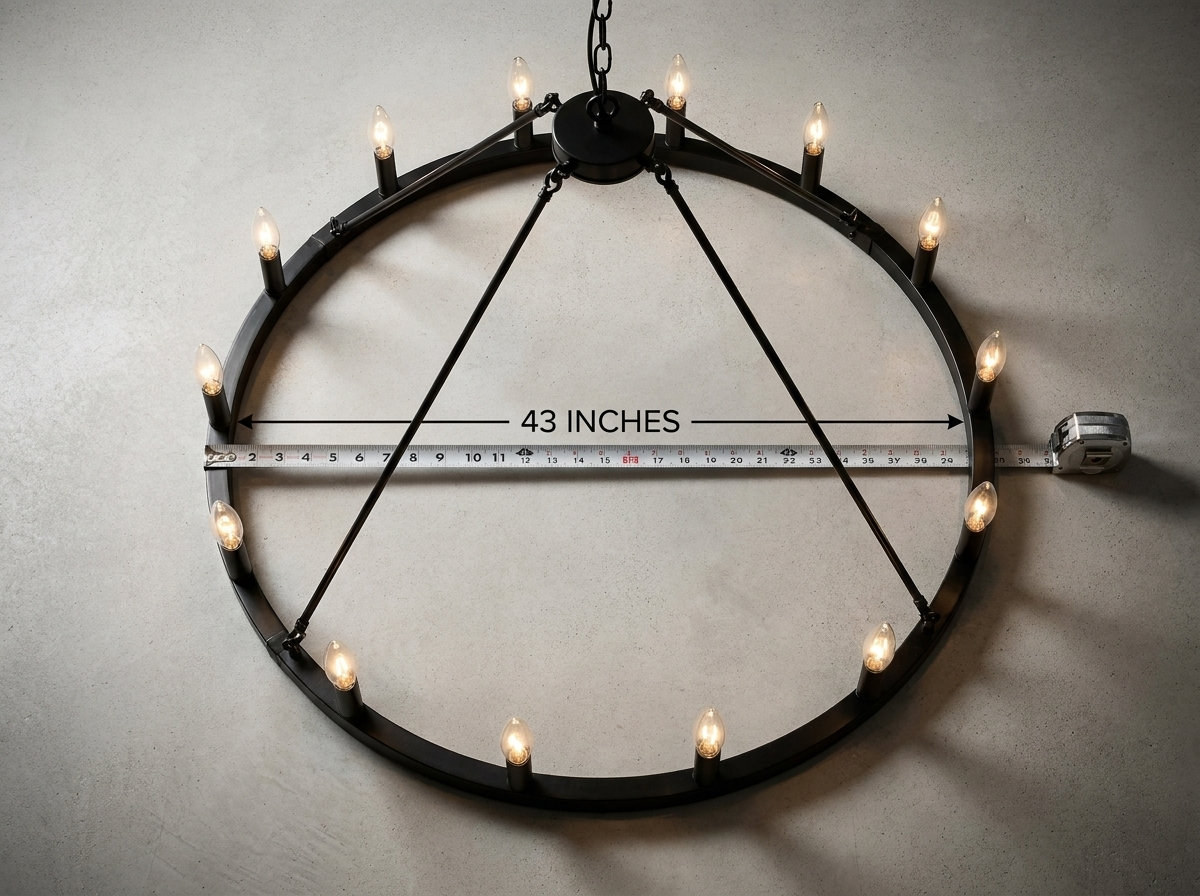 Wagon wheel chandelier shown with a scale reference for its 43 inch diameter, dramatic lighting