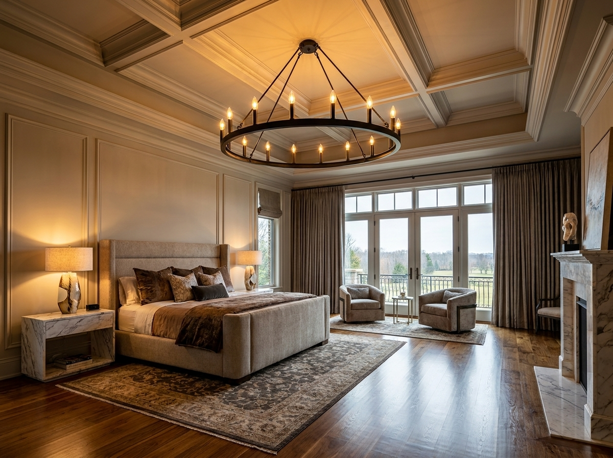 Wagon wheel chandelier in a magazine-quality luxury primary bedroom with designer furniture