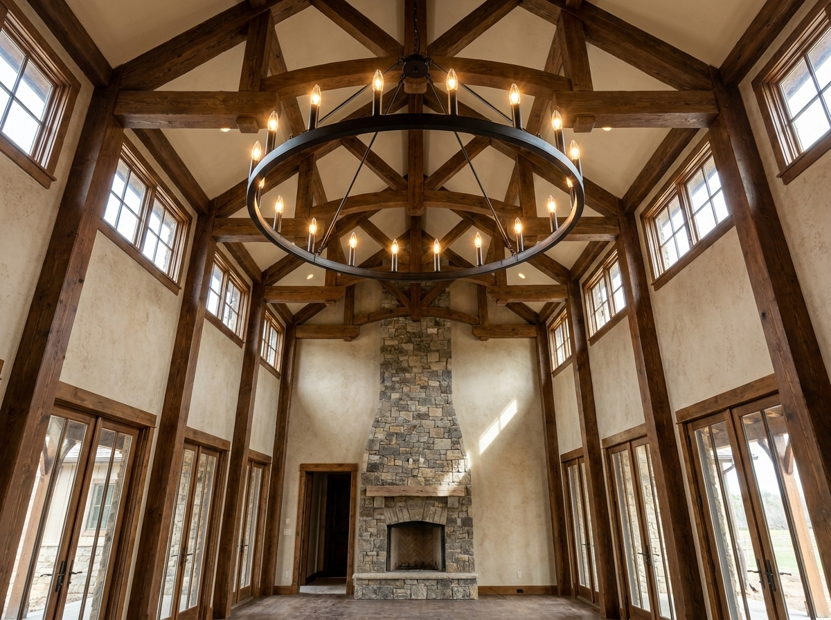 Wide architectural view of the wagon wheel chandelier in a soaring high ceiling great room