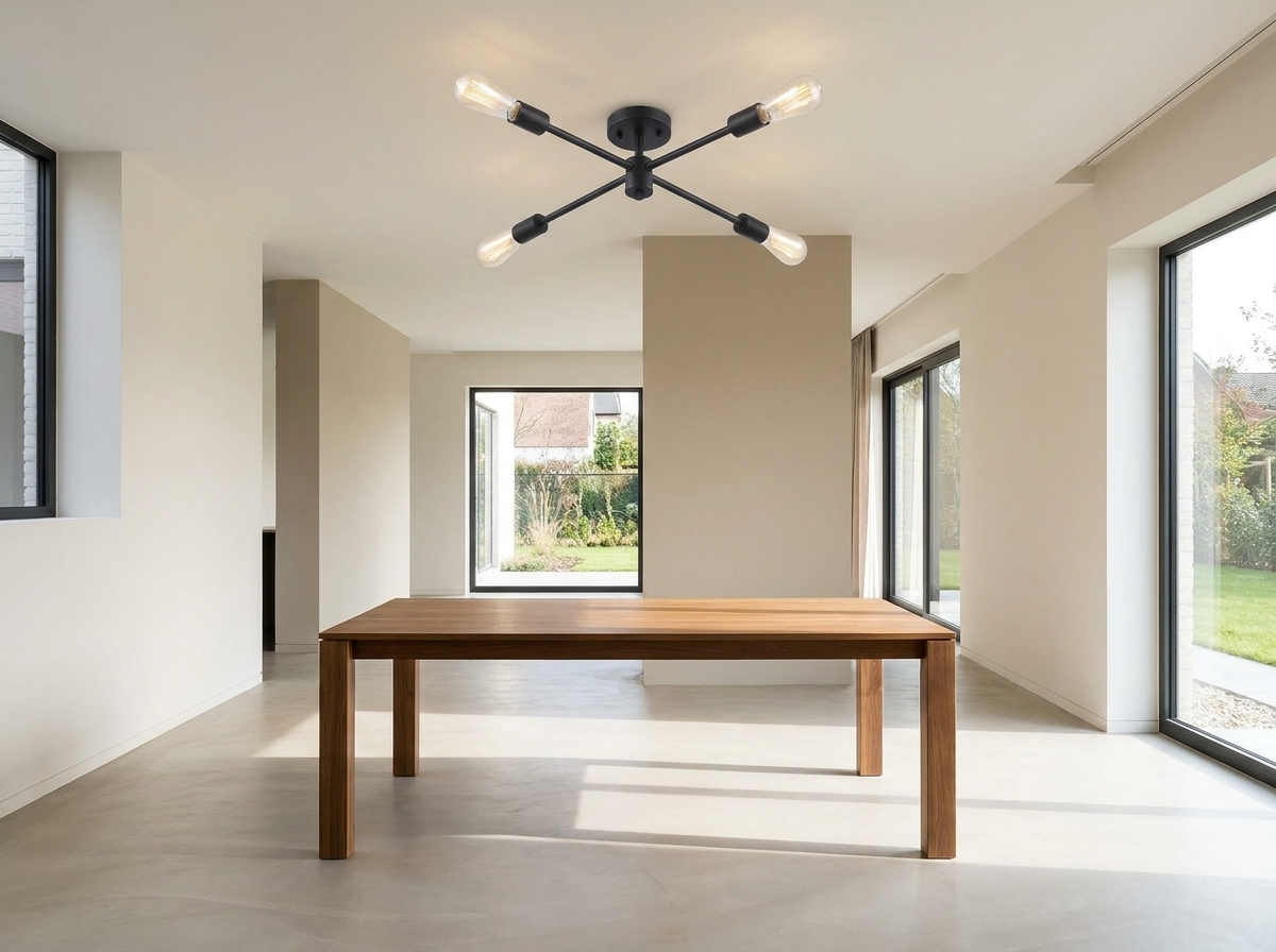 Black sputnik chandelier over a dining table in a bright modern minimalist dining room