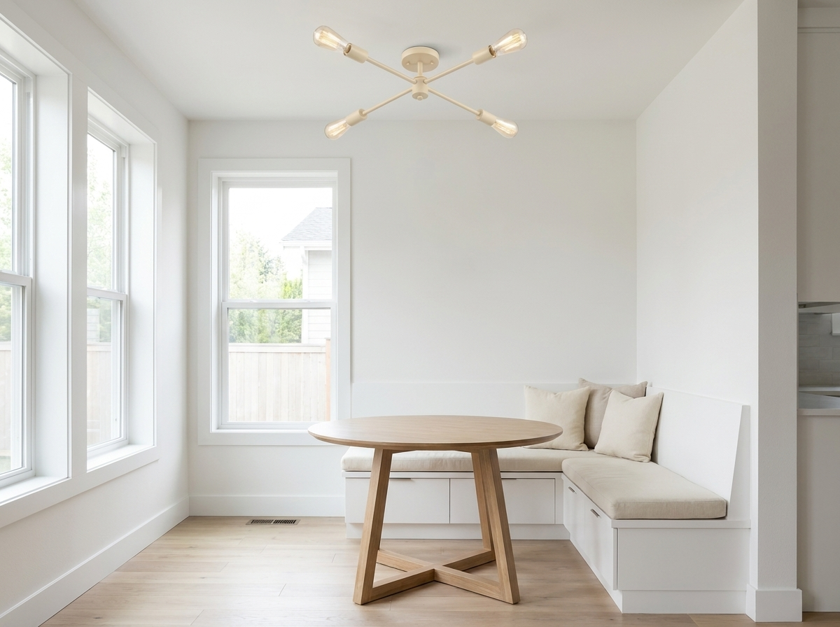 OAK White sputnik chandelier in a bright modern minimalist breakfast nook