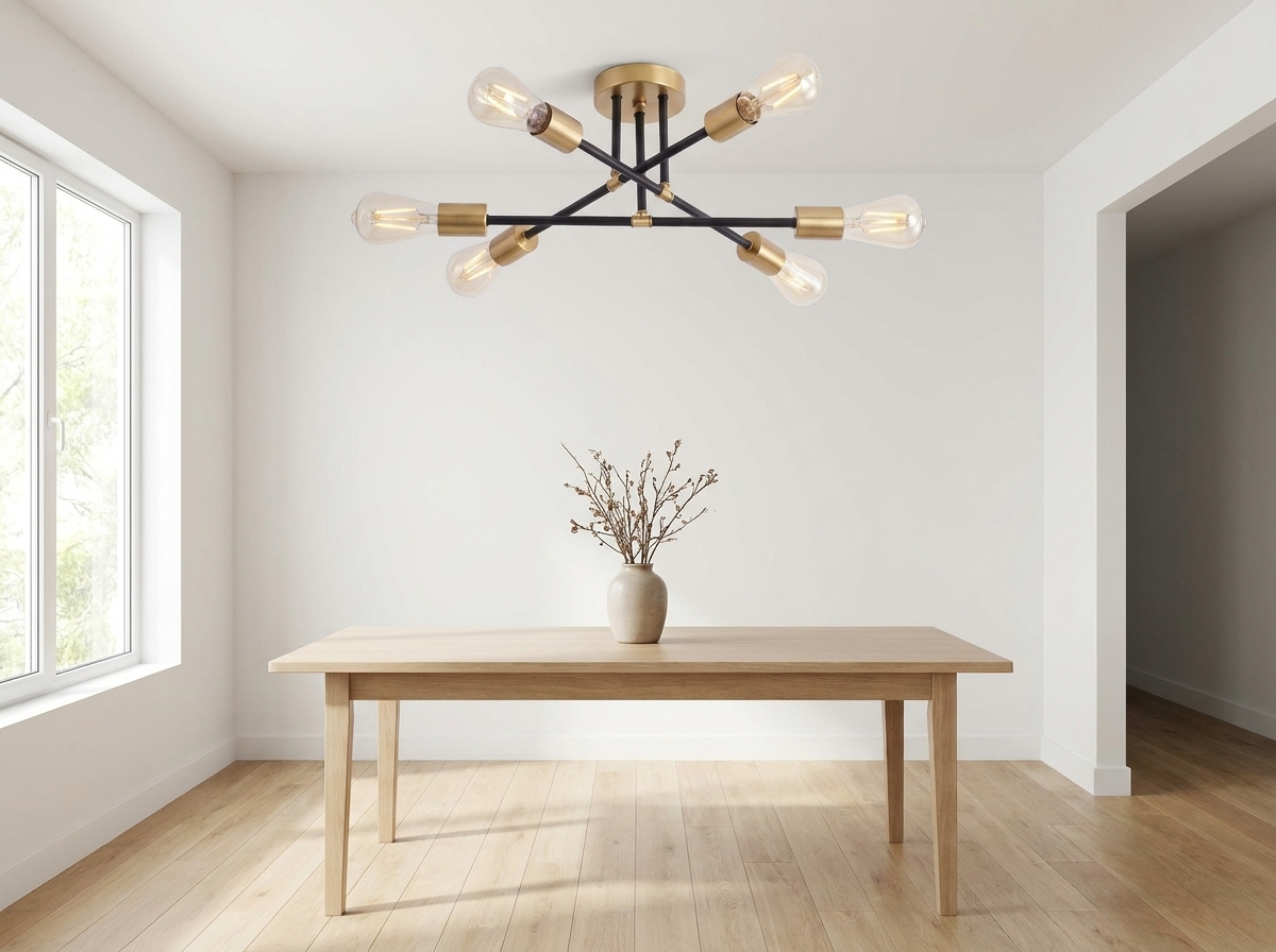 Black and gold sputnik chandelier over a dining table in a bright modern minimalist dining room