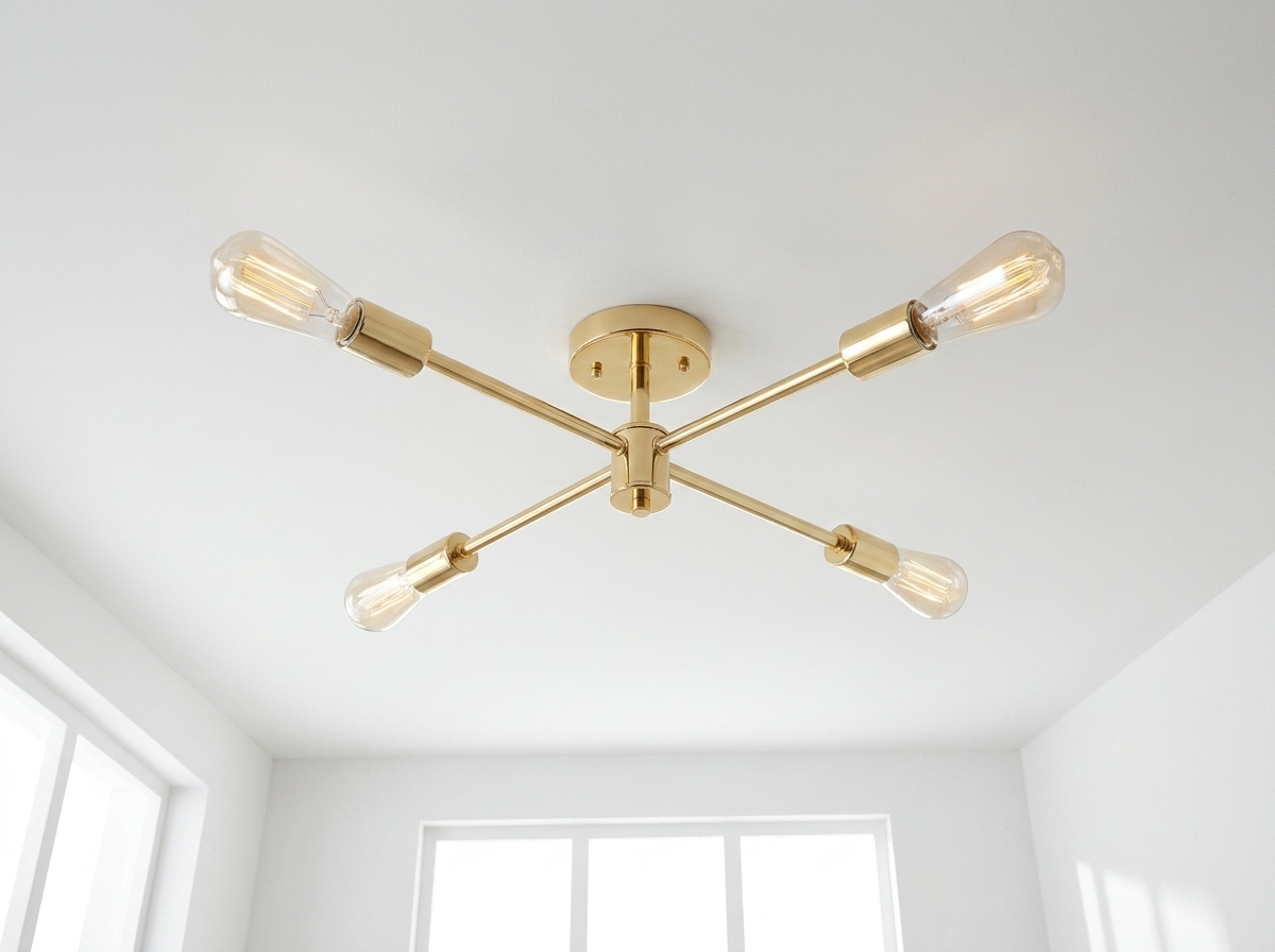 Installation perspective looking up at the gold sputnik chandelier ceiling mount