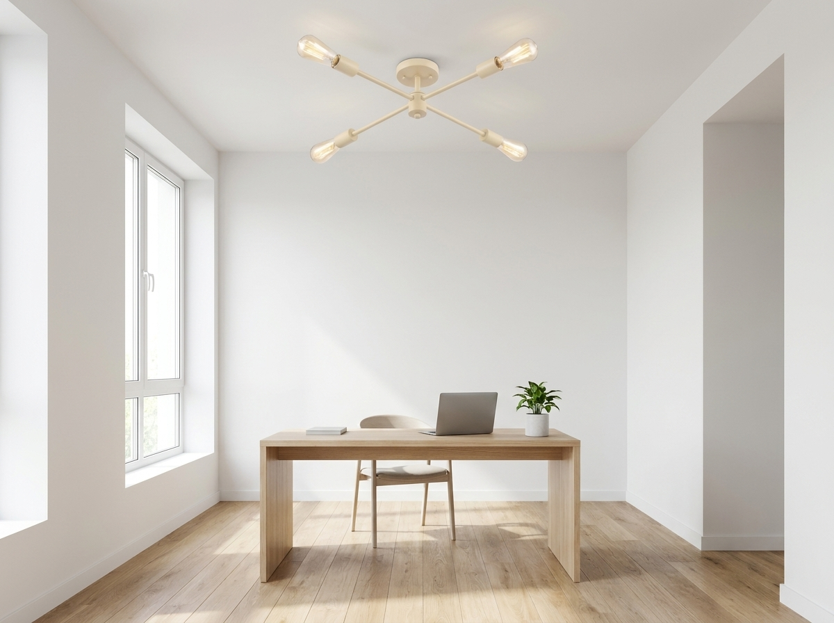 Alternate angle of the OAK White sputnik chandelier over a home office desk