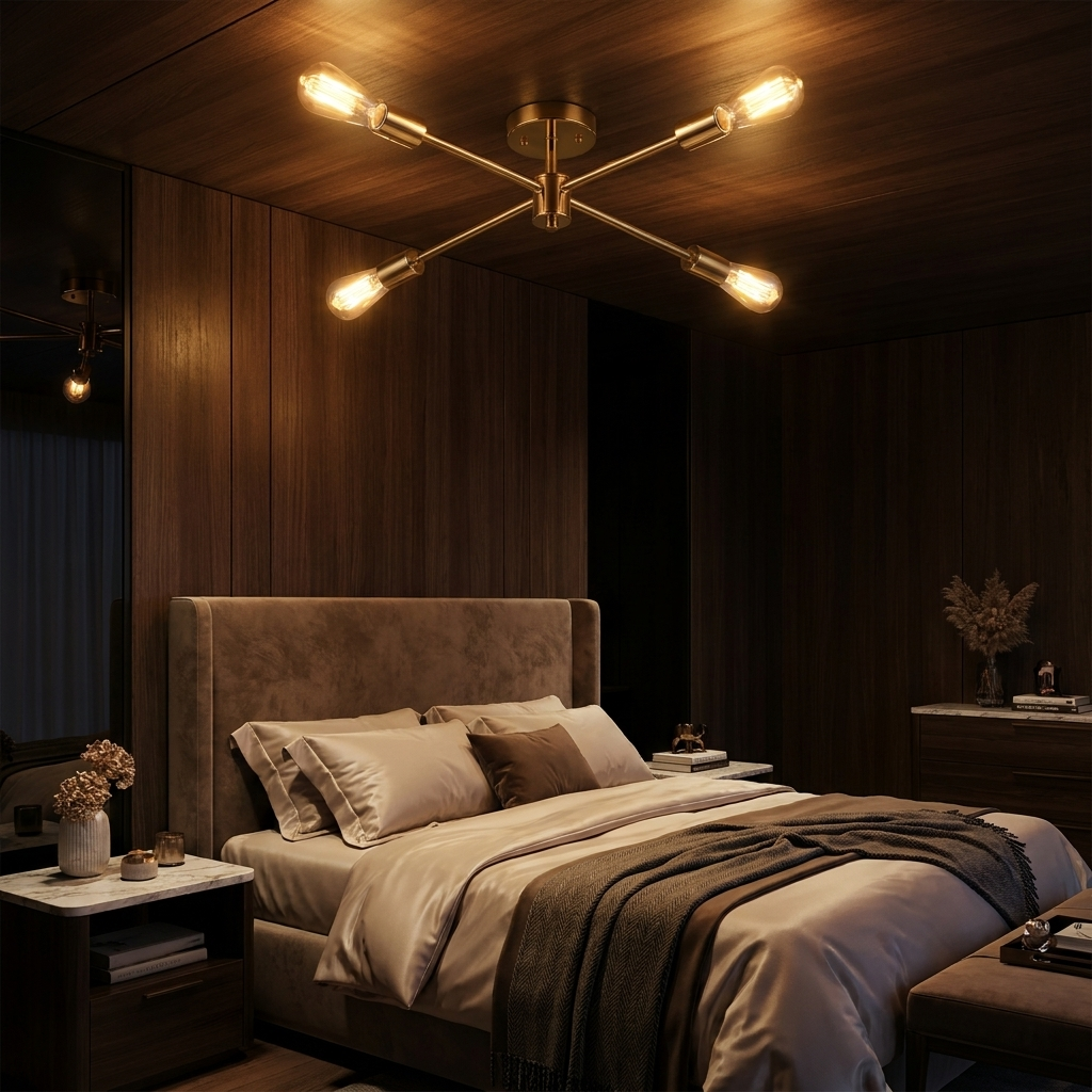 Gold sputnik chandelier glowing warmly at night in a sophisticated upscale bedroom