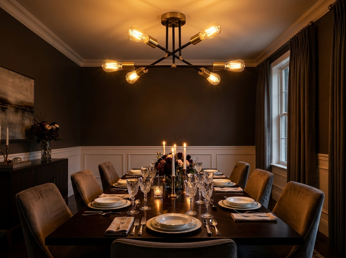 Black and gold sputnik chandelier glowing warmly above a dinner table set for guests