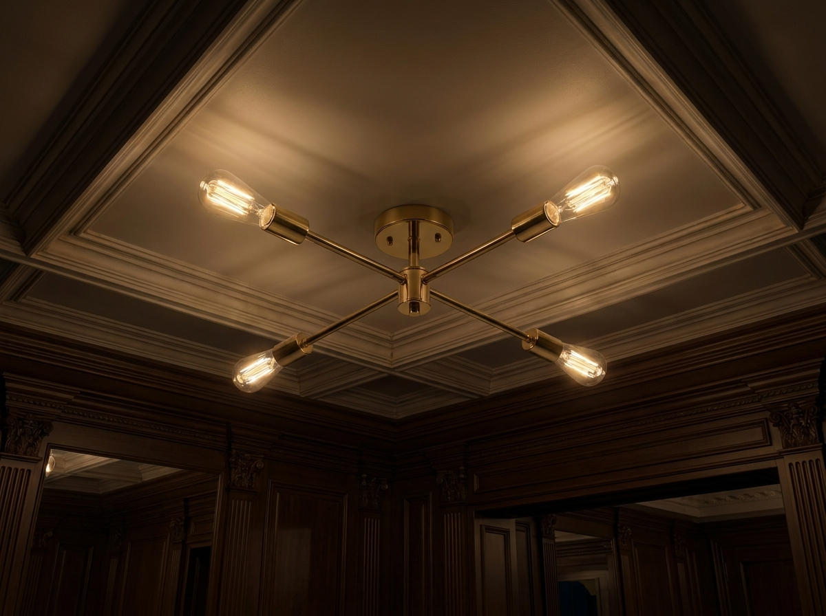 Installation perspective looking up at the gold sputnik chandelier glowing at night