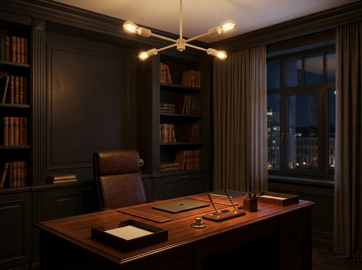 OAK White sputnik chandelier glowing softly above a home office desk at night